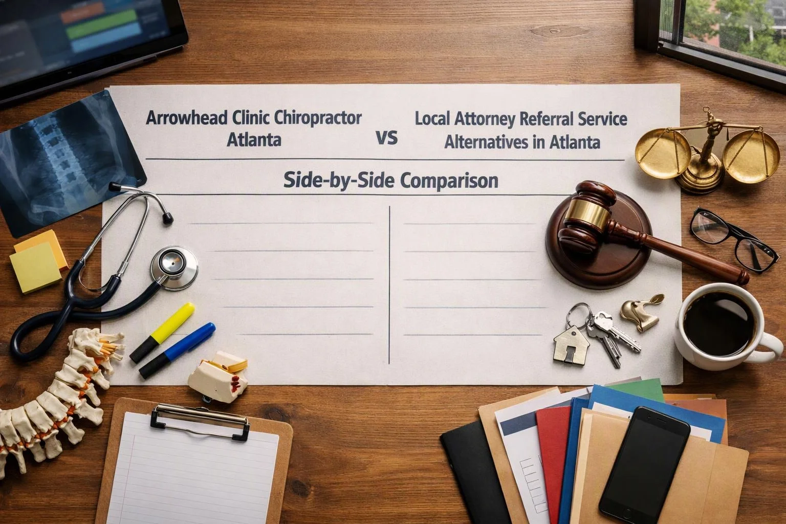 A desk layout shows a comparison sheet surrounded by medical tools, legal items, a coffee mug, folders, and a smartphone