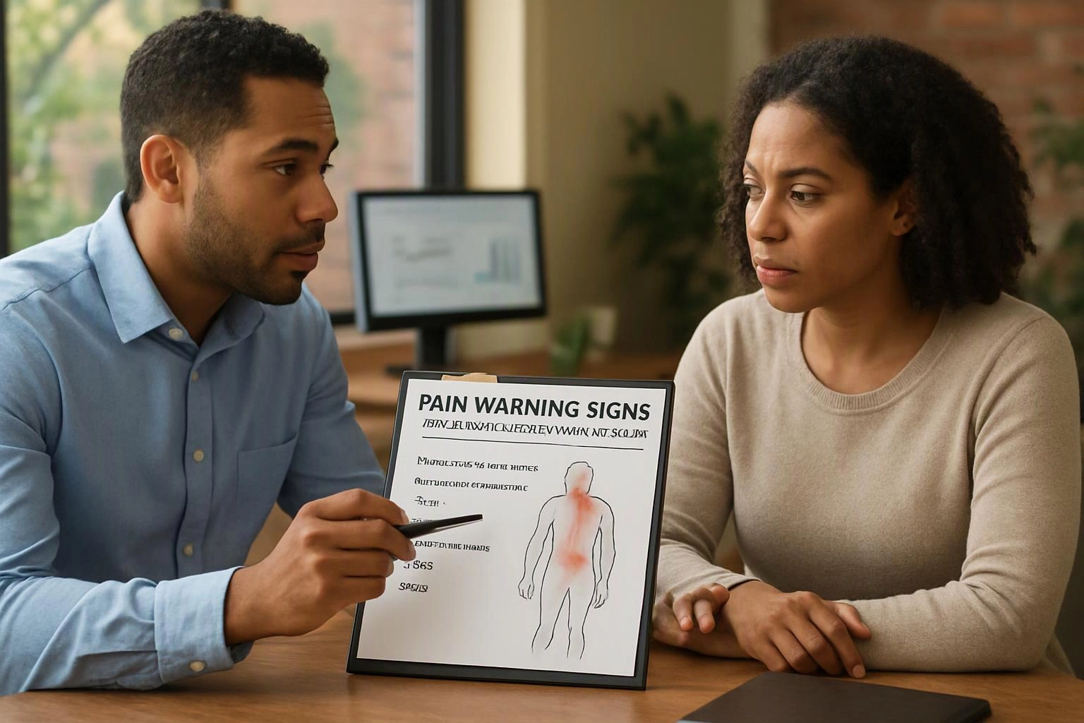 Two people sit at a table while one points to a pain warning signs chart with a body diagram