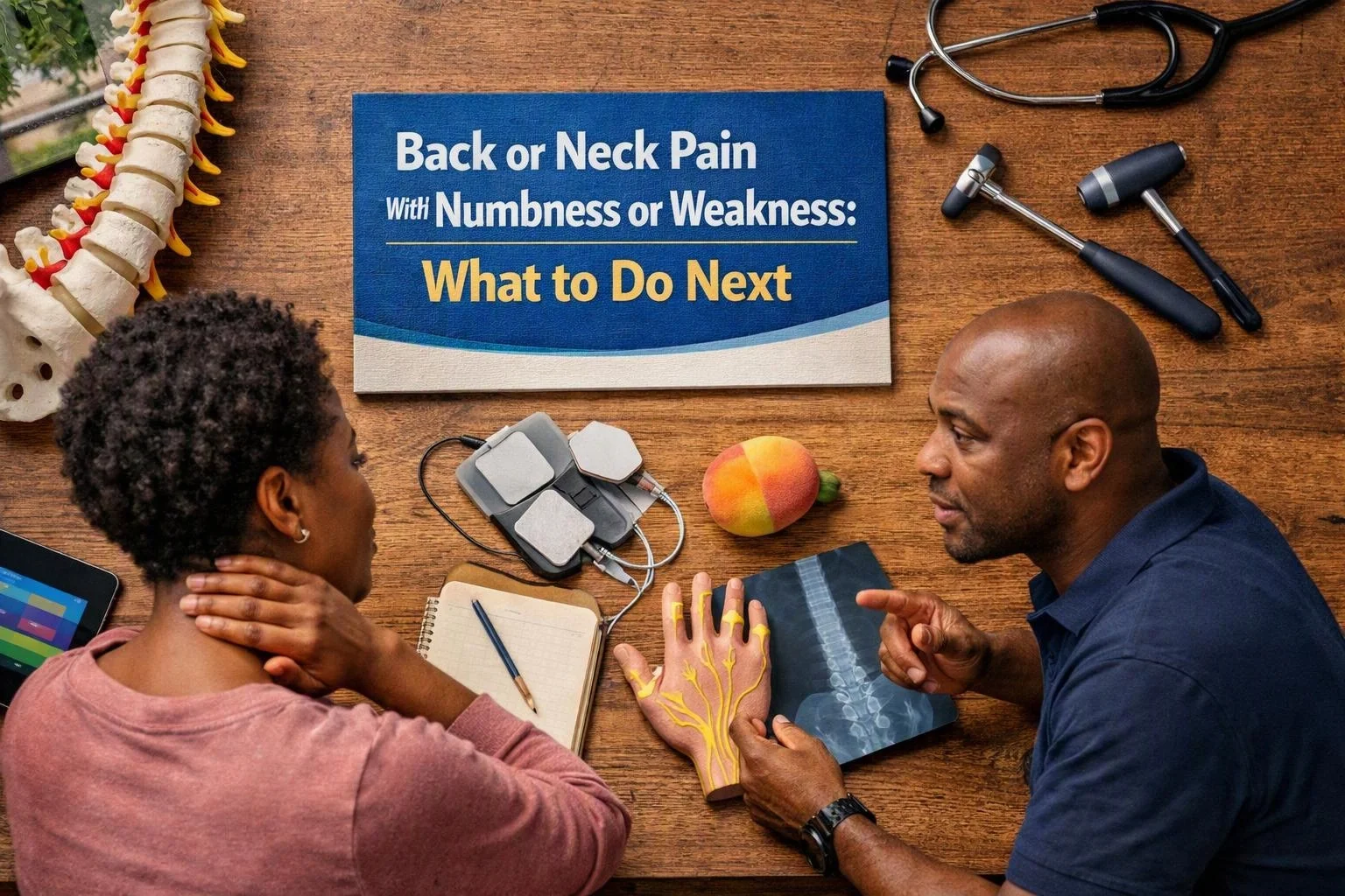 A doctor points at a neck pain poster while a woman holds her neck at a desk with medical models and tools