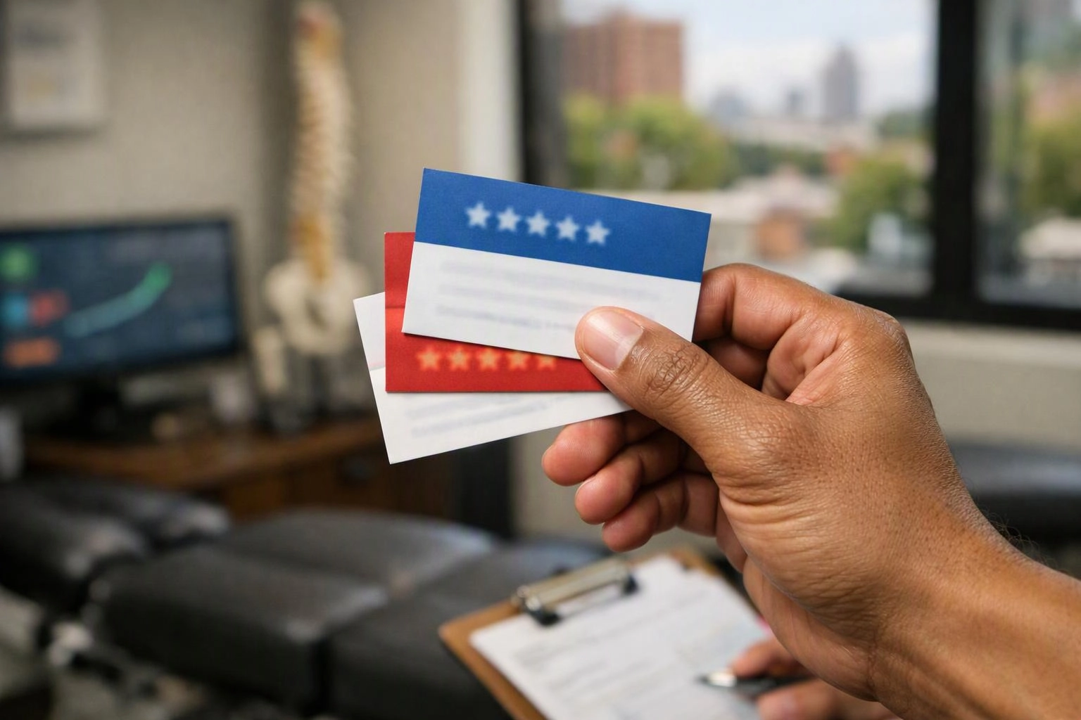 A hand holds three colorful review cards in an office with a blurred monitor and window view
