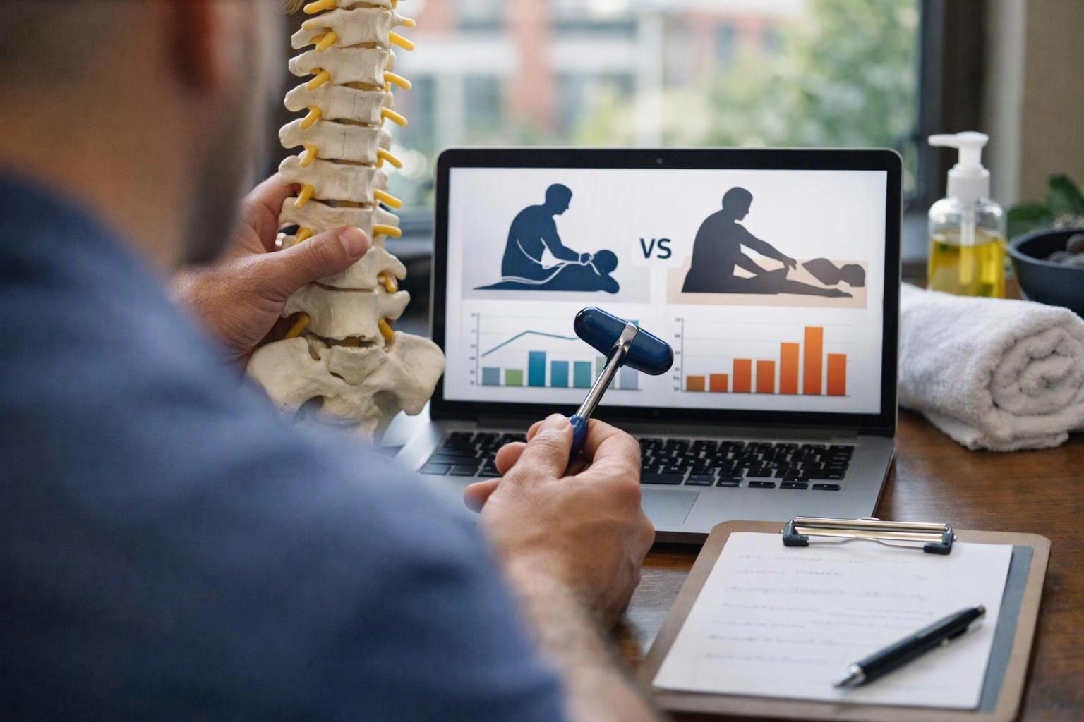A person holds a spine model and a reflex hammer beside a laptop showing back pain charts and illustrations