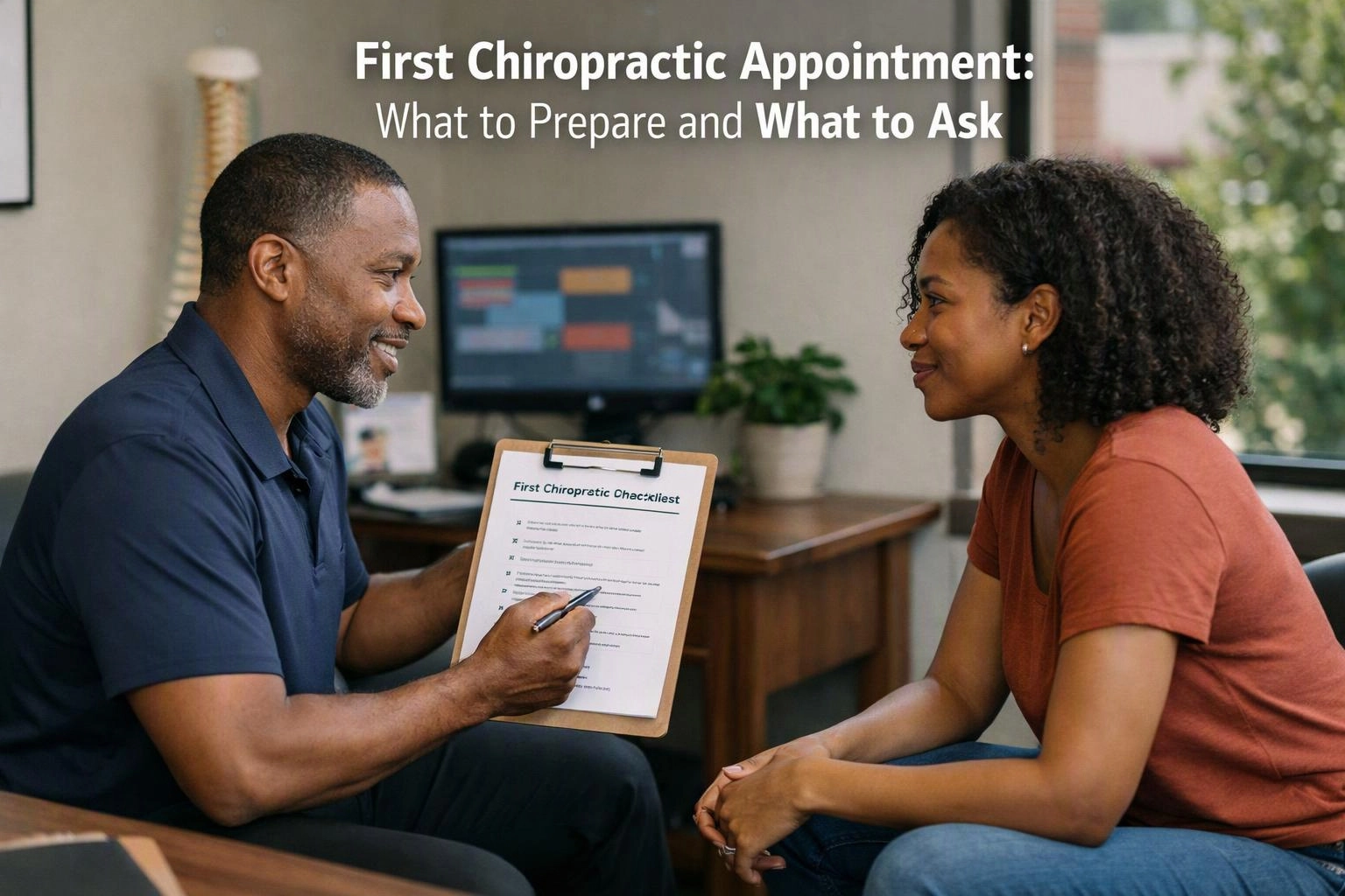 Two-person consultation photograph showing wide establishing view of a setting where "First Chiropractic Appointment
