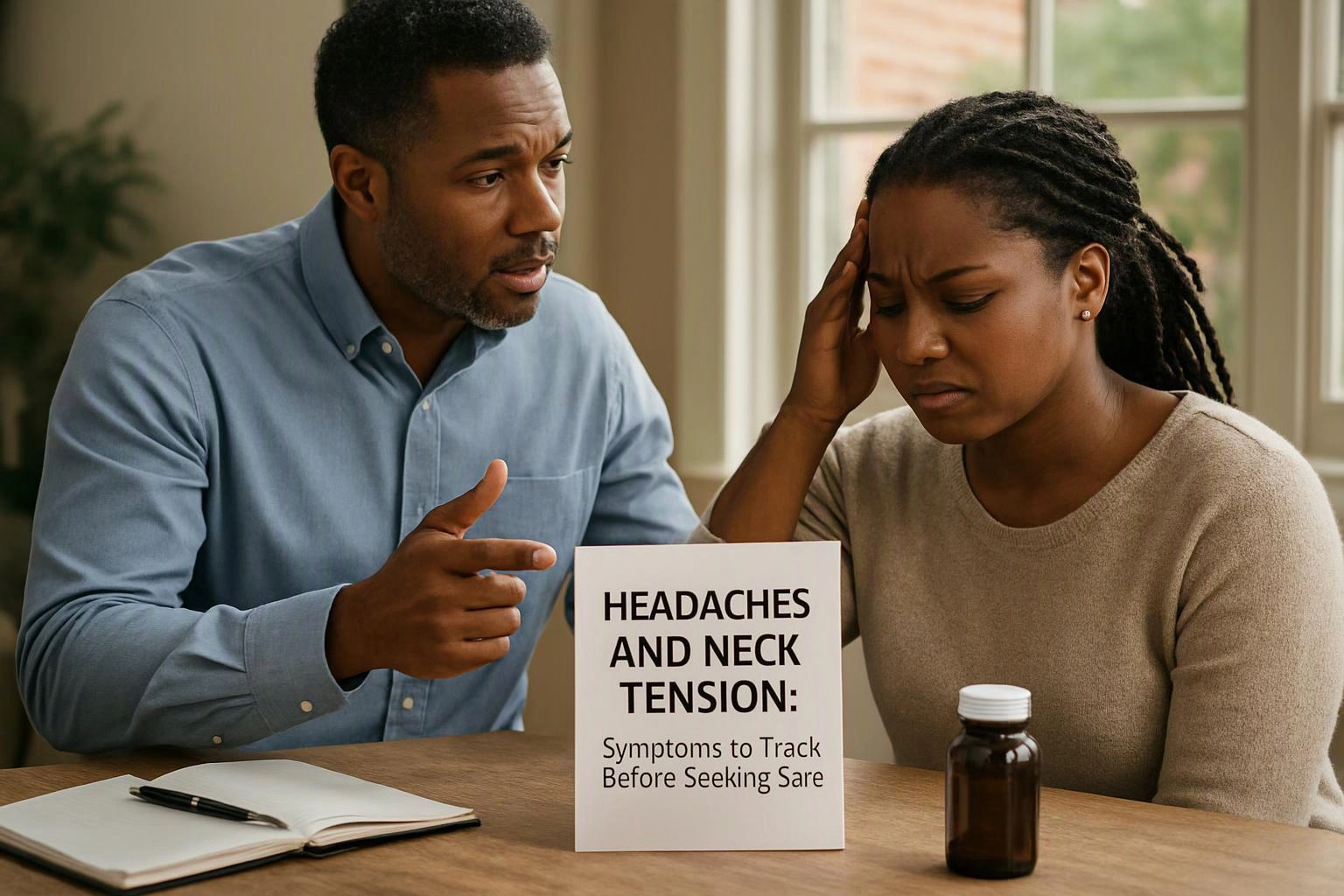 A man talks while pointing at a worried woman holding her head beside a sign about headaches and neck tension