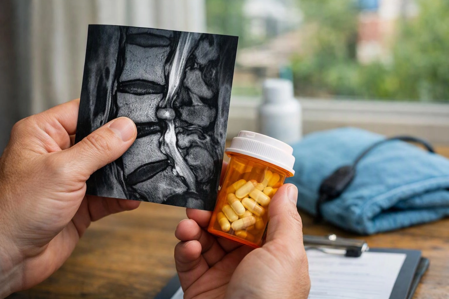 Hands hold a spine scan and an orange pill bottle above a desk with a clipboard and folded blue cloth