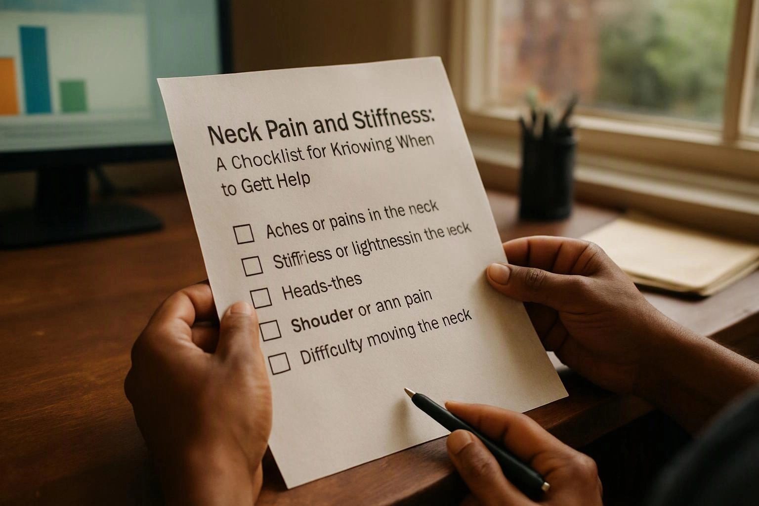 Hands hold a checklist titled neck pain and stiffness beside a pen at a wooden desk