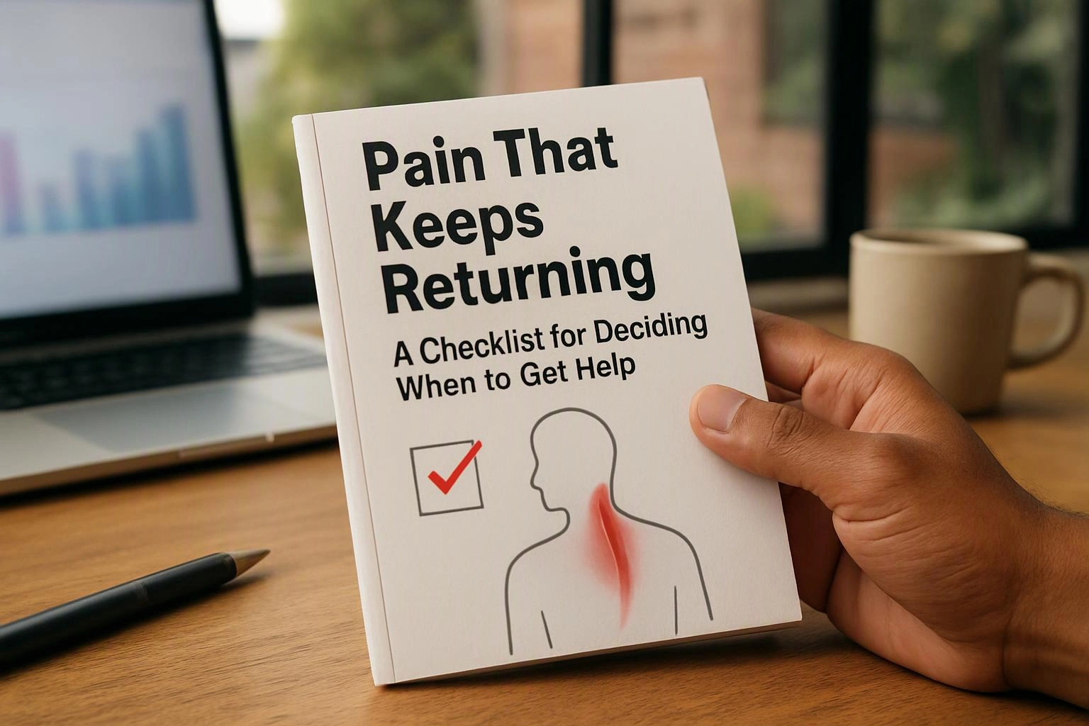 A hand holds a pain guide booklet on a desk beside a laptop, pen, and mug