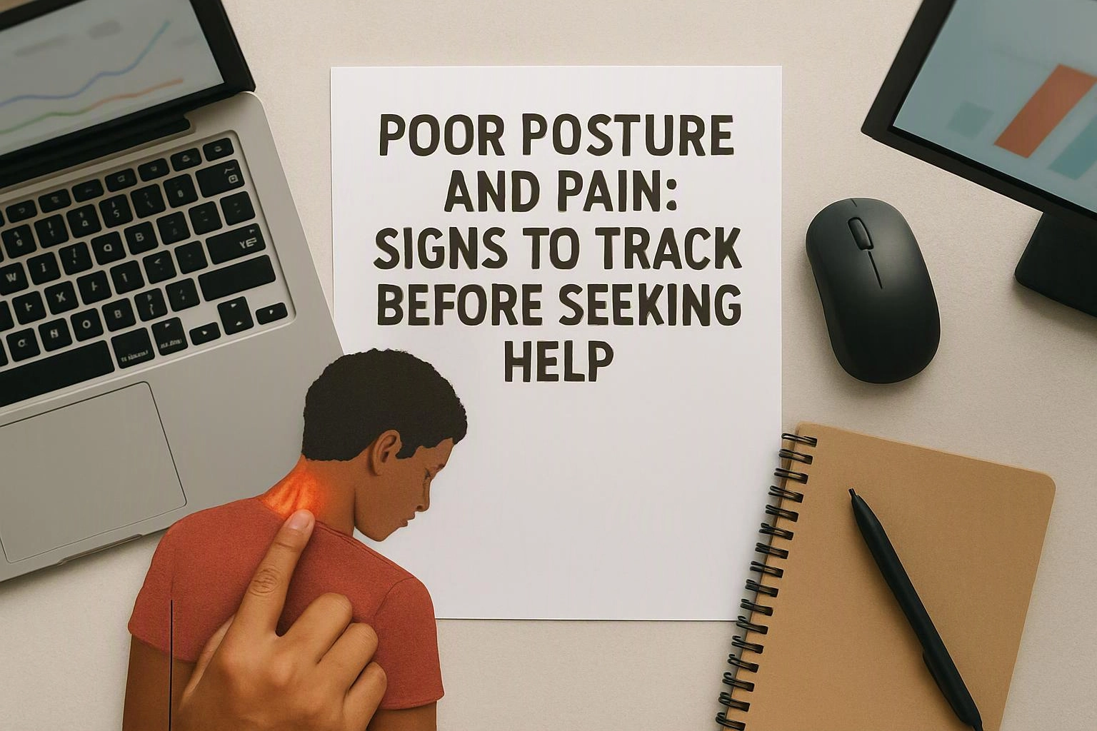 Aerial top-down flat-lay photograph of overhead flat-lay of items that represent "Poor Posture and Pain