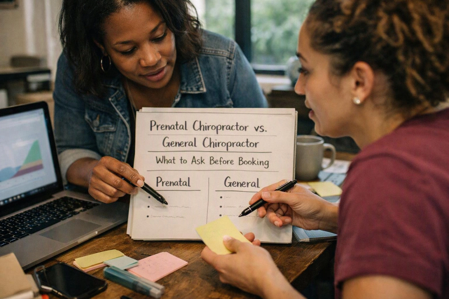 Two women discuss a handwritten comparison sheet beside a laptop and sticky notes at a wooden table