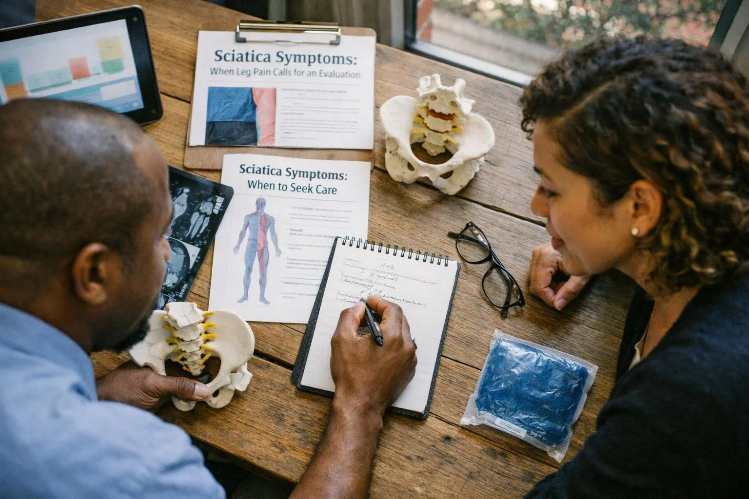Two people review sciatica handouts and spine models while one writes notes at a wooden table