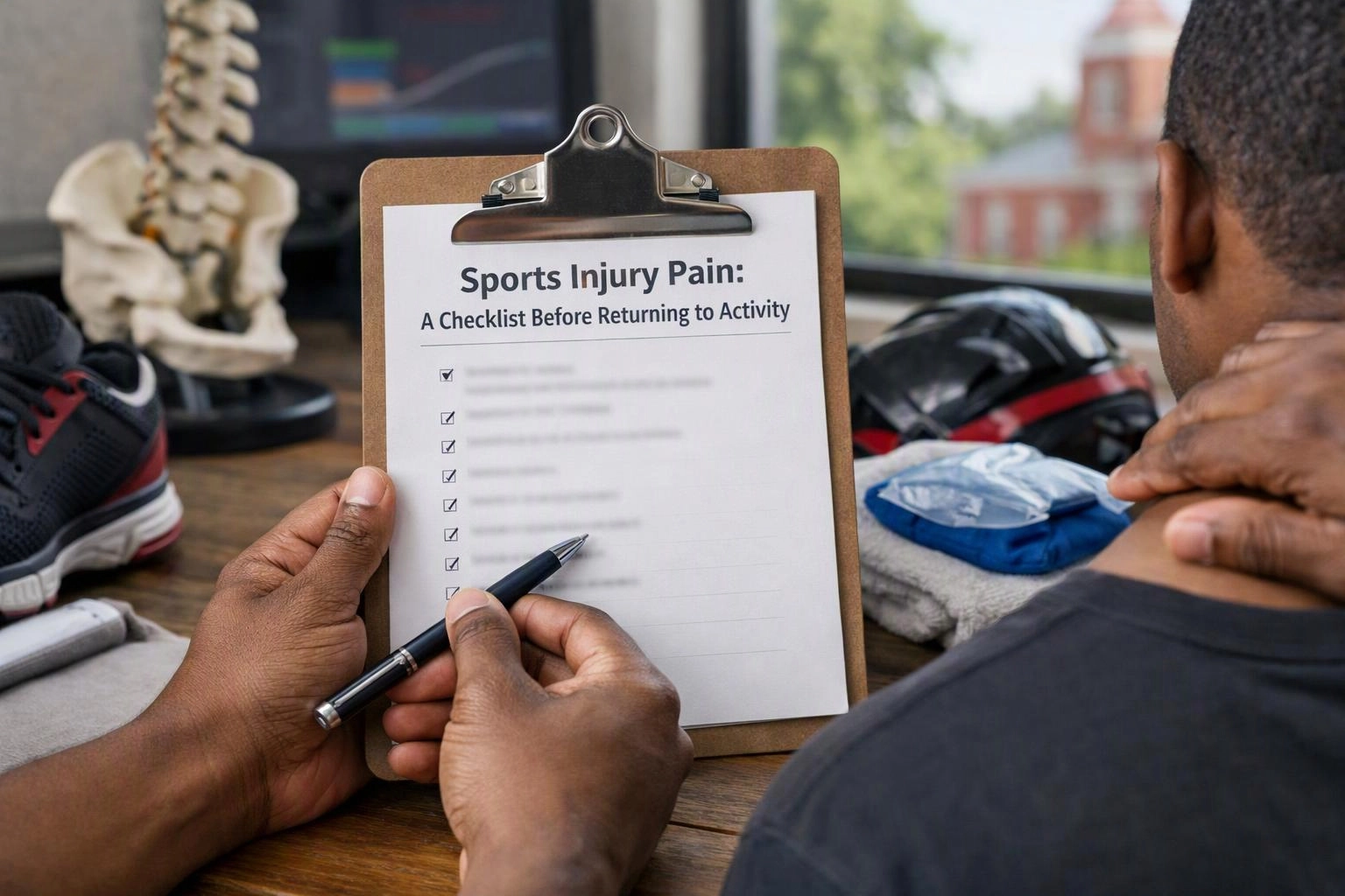 Advertising-grade tabletop still life photograph of wide establishing view of a setting where "Sports Injury Pain