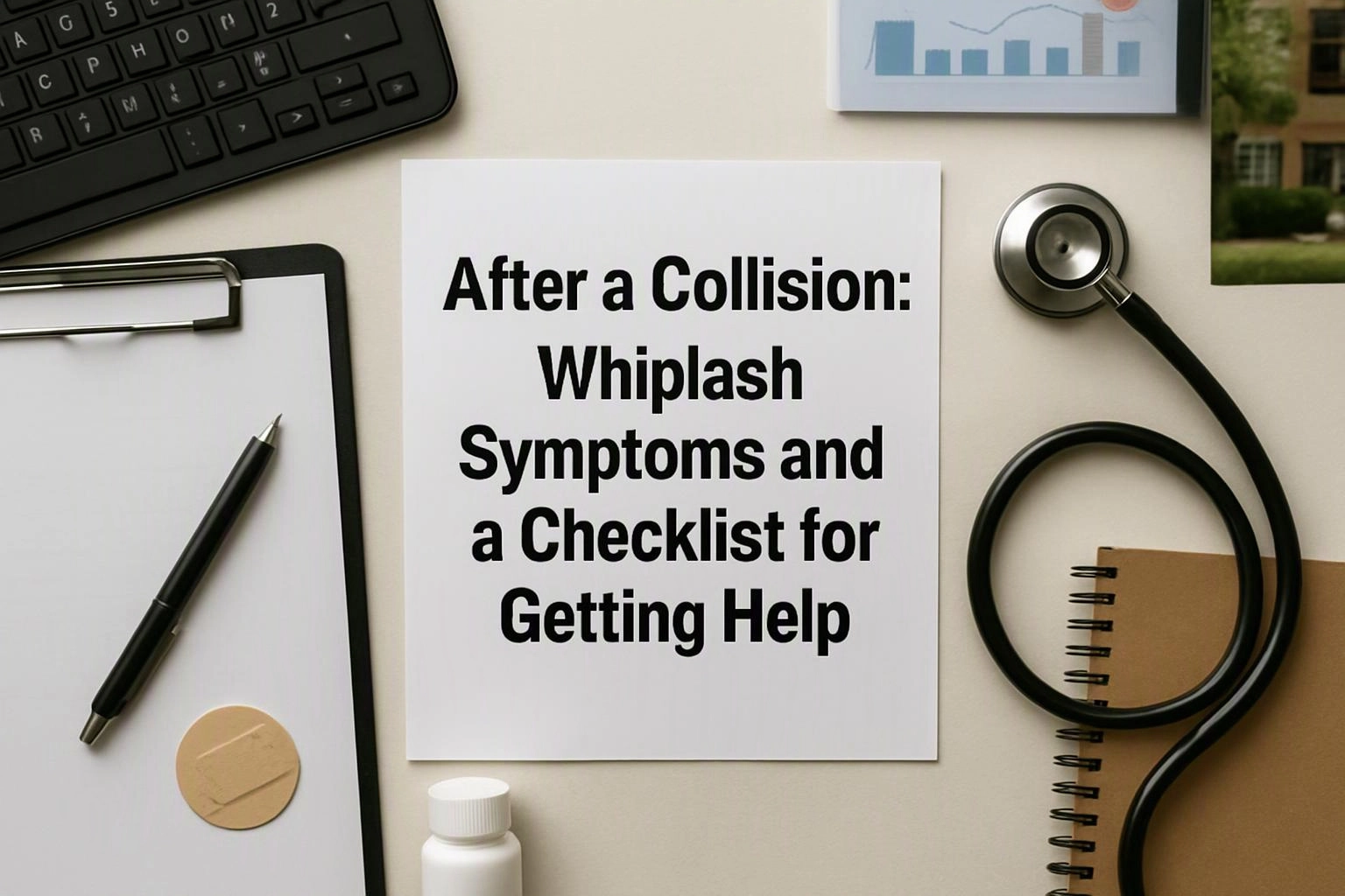 A desk flat lay shows a paper titled “After a Collision