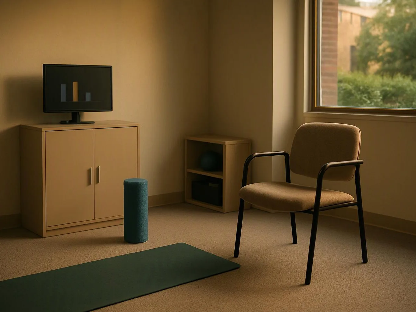 A beige room holds a chair, cabinet, small screen, foam roller, and yoga mat near a window