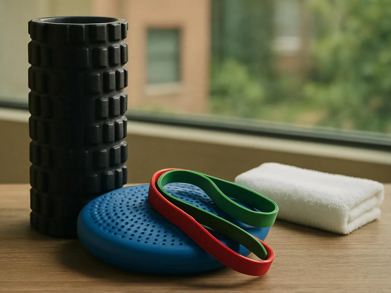 A black foam roller, blue balance disc, colorful exercise bands, and a folded white towel rest on a wooden table by a window