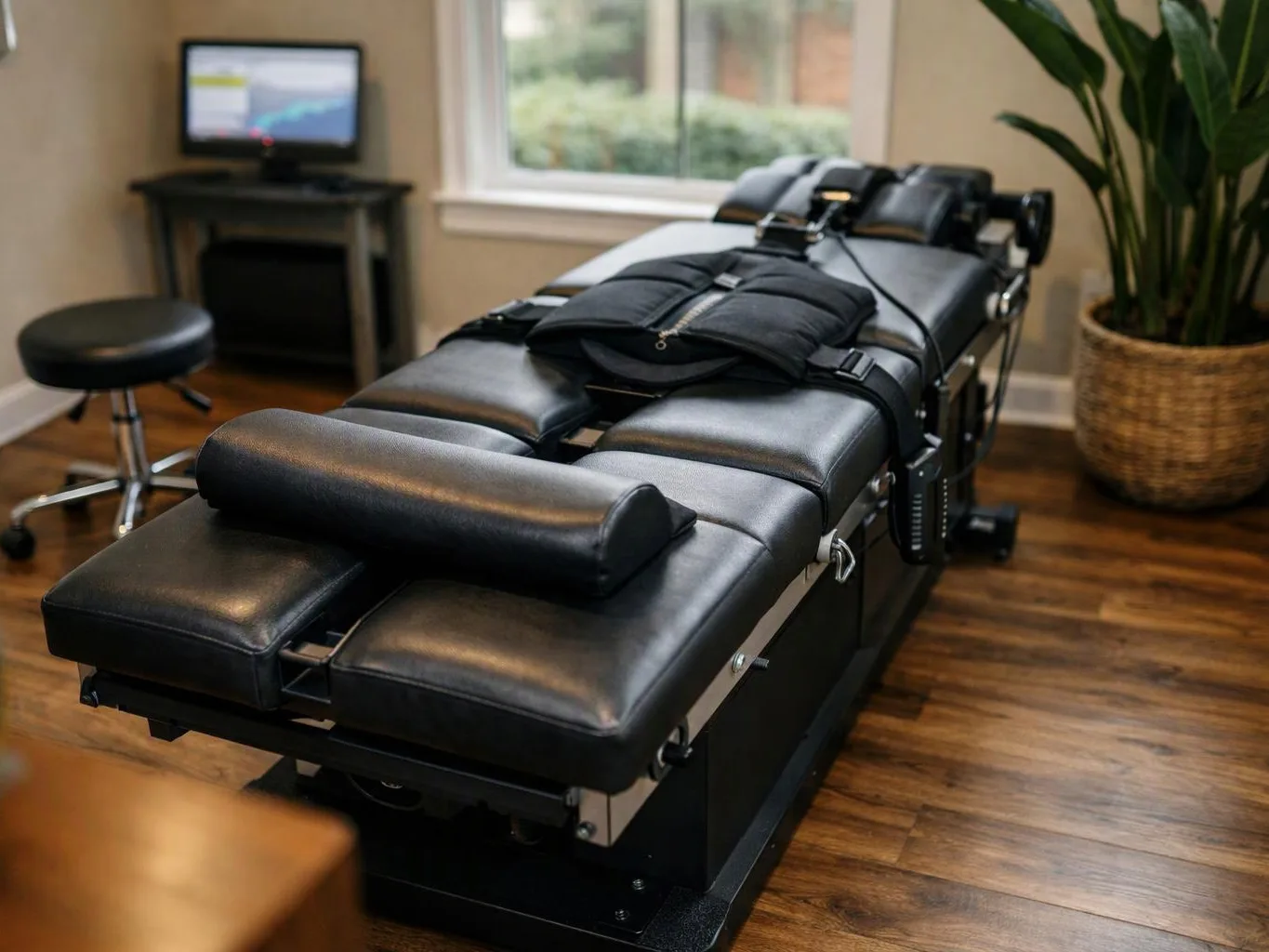 A black padded treatment table sits in a small room beside a monitor, stool, window, and tall plant