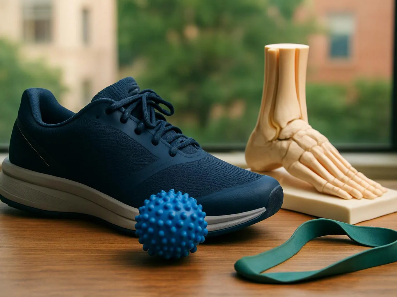 A blue athletic shoe, a spiky massage ball, a foot model, and a green resistance band sit on a wooden table by a window