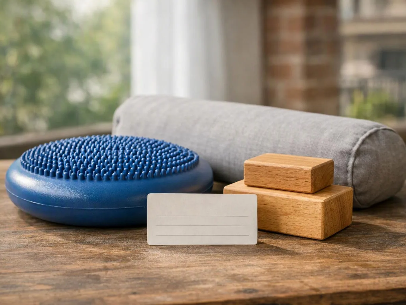 A blue balance cushion, wooden blocks, and a gray bolster sit on a wooden table with a blank card in front
