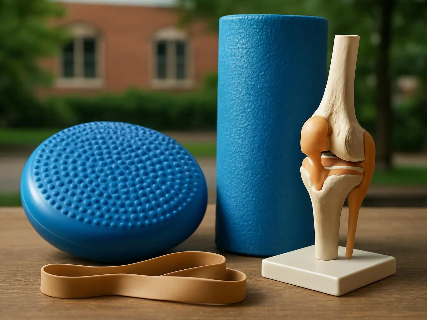 A blue balance disc, foam roller, resistance band, and knee joint model sit on a wooden table outdoors
