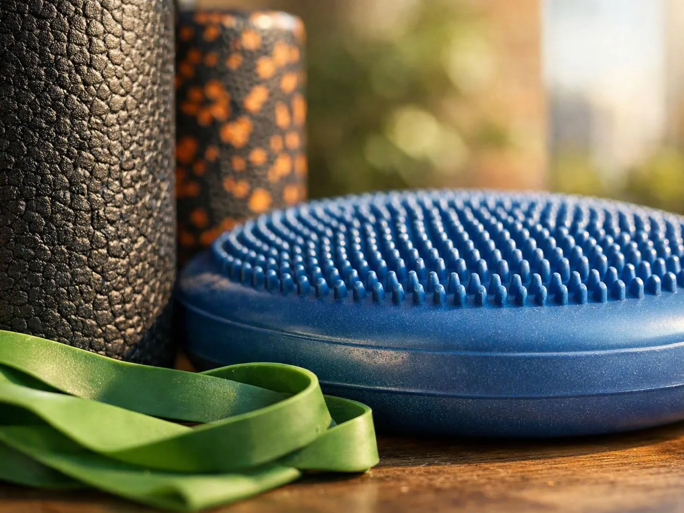 Blue balance disc, green exercise band, and two foam rollers sit on a wooden floor indoors