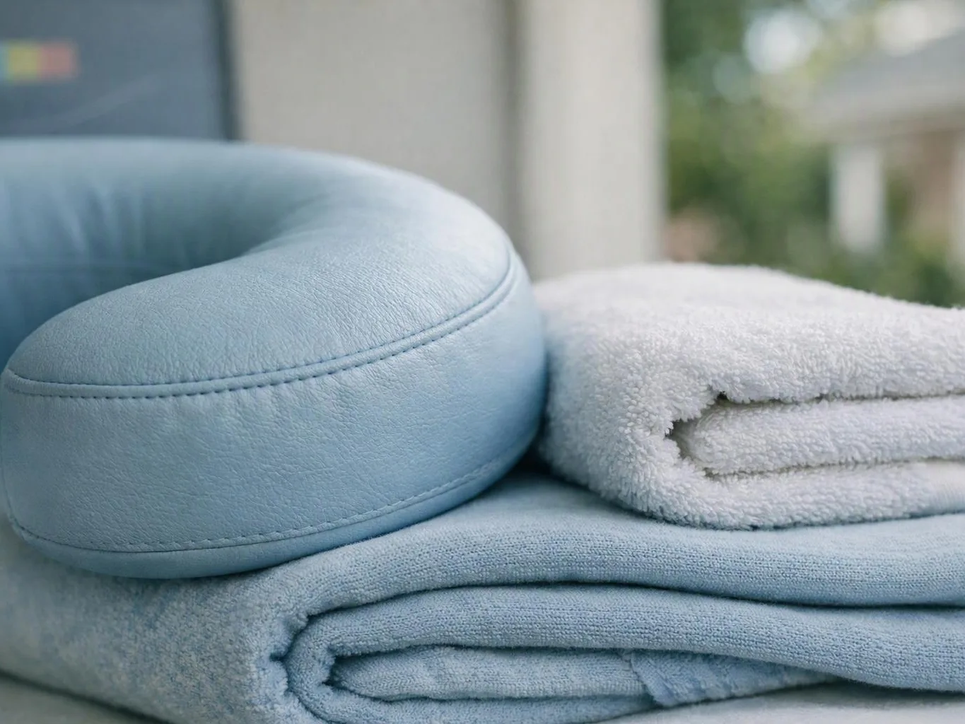 A blue neck pillow sits beside folded light blue towels on a soft indoor surface