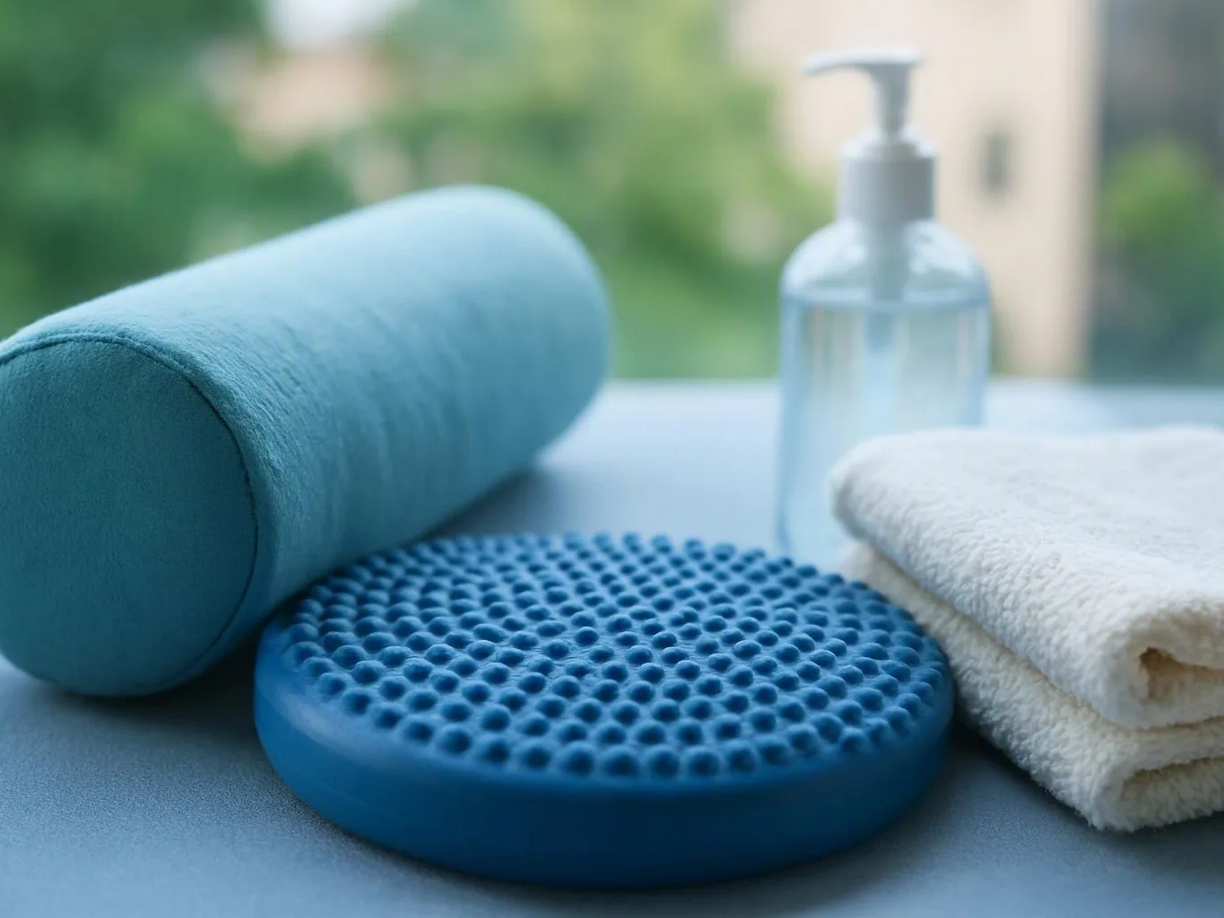 Blue spa items, a textured mat, rolled towel, folded towel, and pump bottle on a table by a window