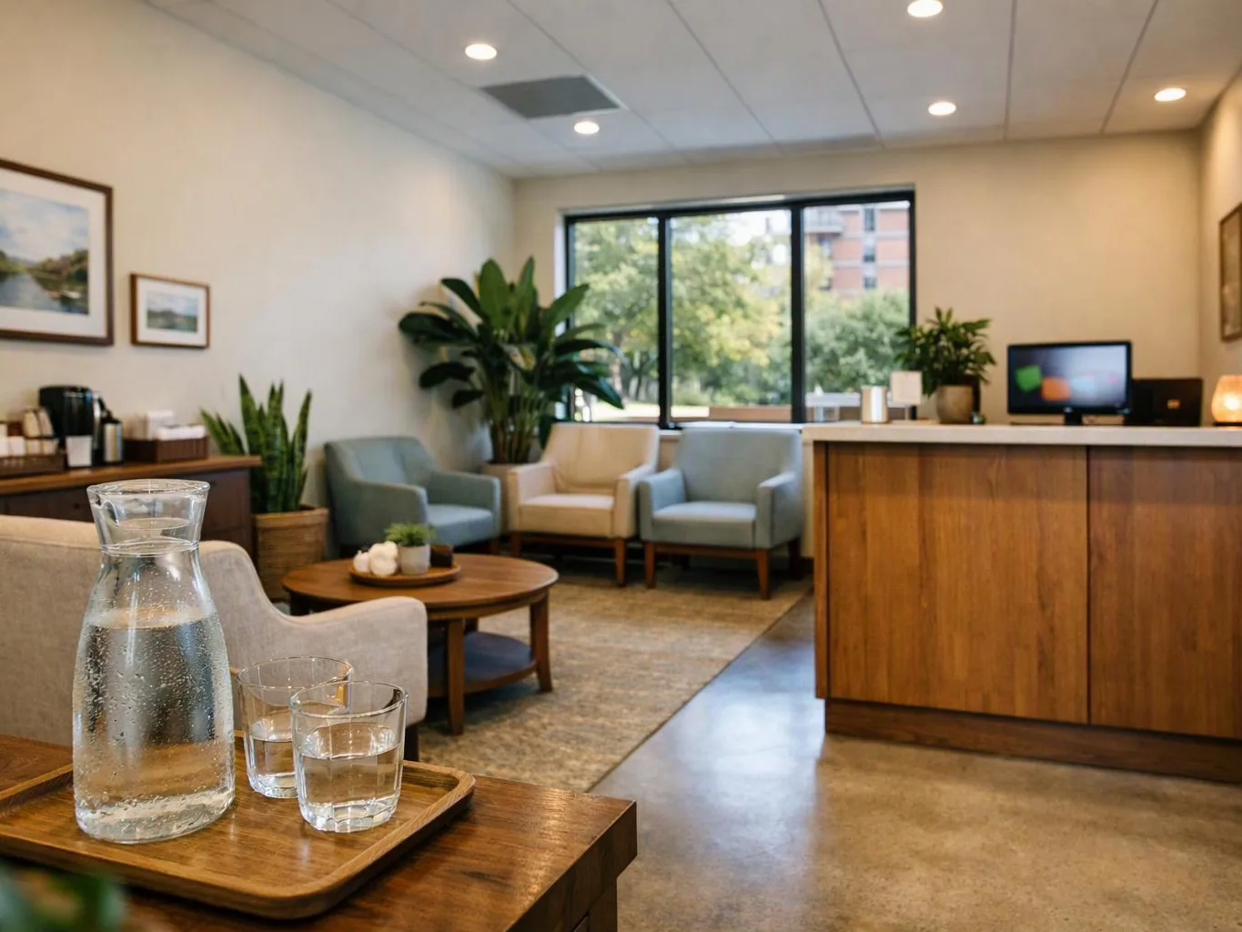 A bright lounge shows a water carafe and glasses on a wooden tray, with chairs, plants, and a reception desk nearby