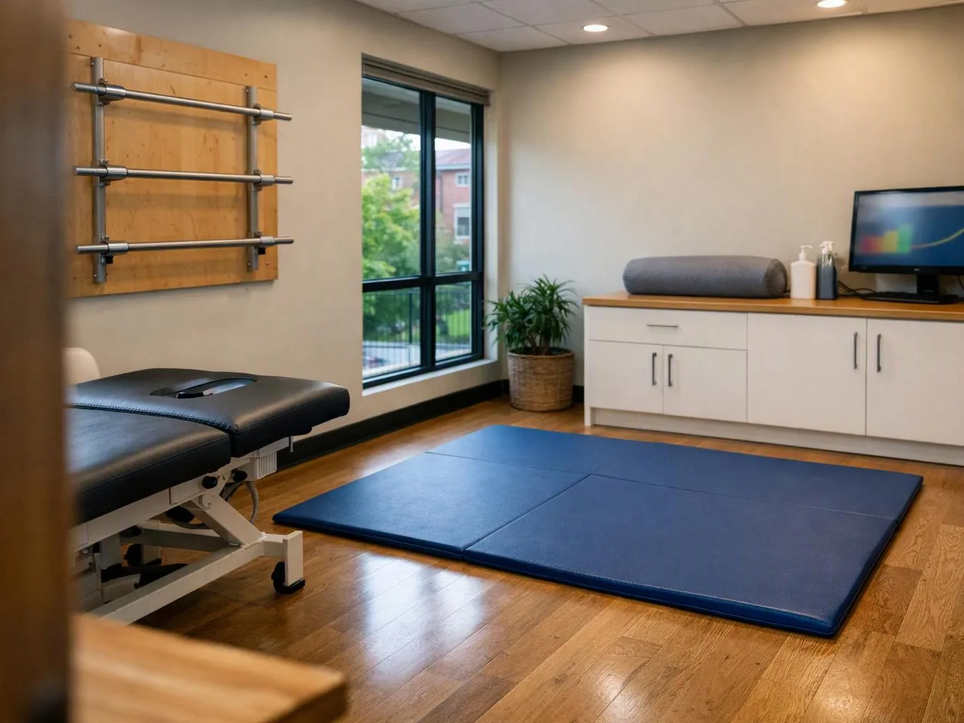 A bright therapy room shows a treatment table, blue floor mat, cabinets, and a window with a potted plant