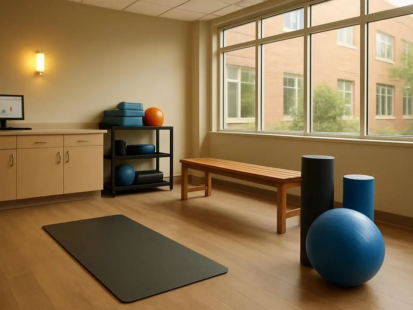 A calm exercise room holds a mat, benches, foam rollers, and large windows beside a brick building