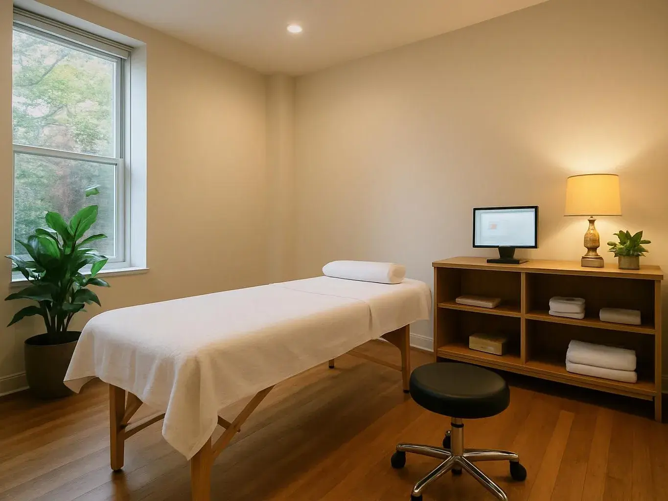 A clean massage room has a treatment table, stool, lamp, folded towels, and potted plants by a window
