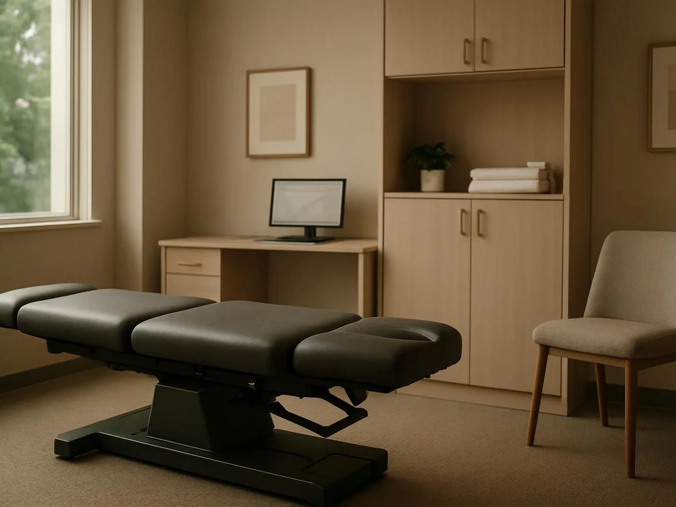 A clean treatment room with a black exam table, desk, cabinets, chair, and a window letting in daylight