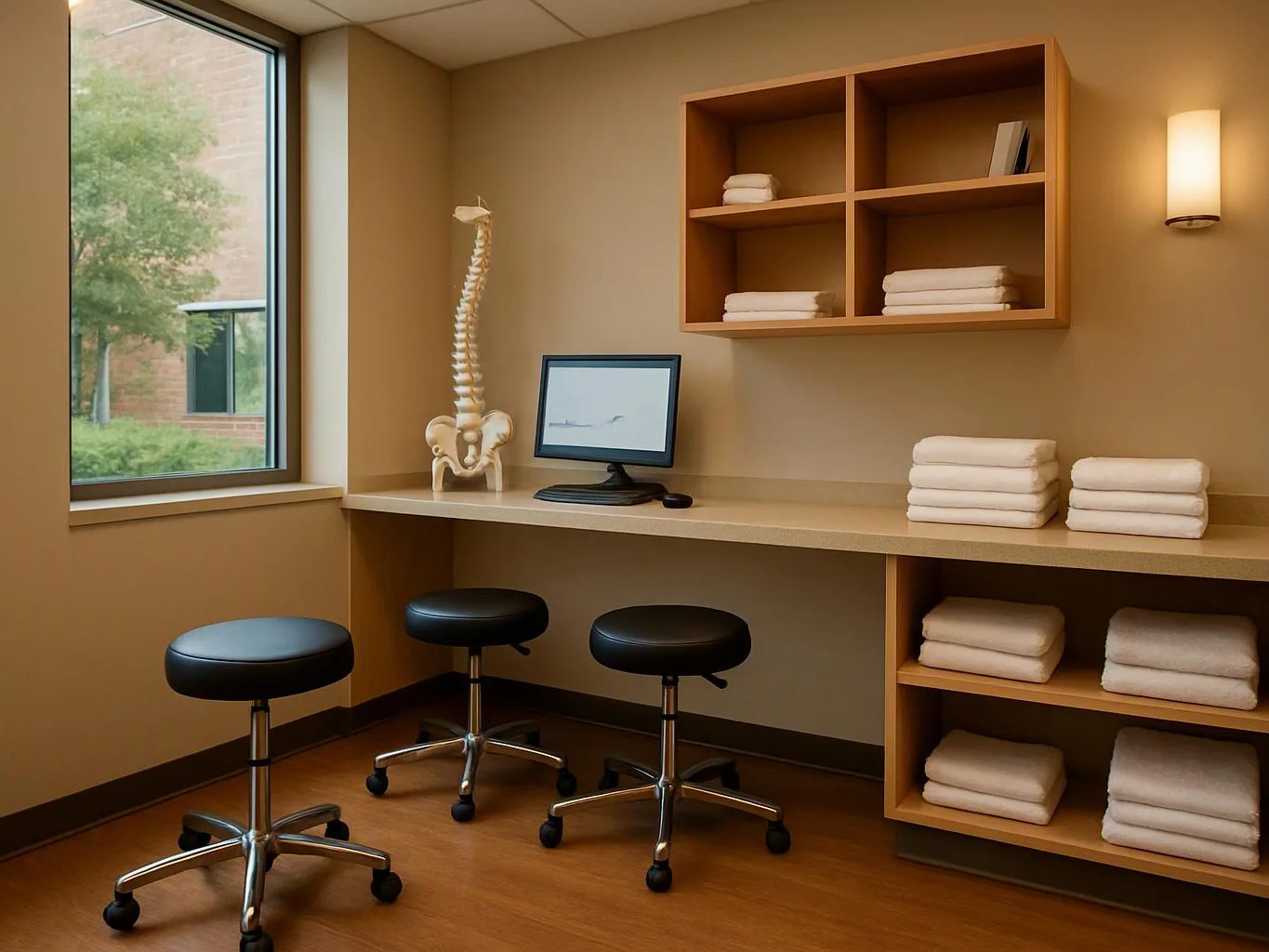 A clean treatment room shows three stools, folded towels, a spine model, and a computer by the window