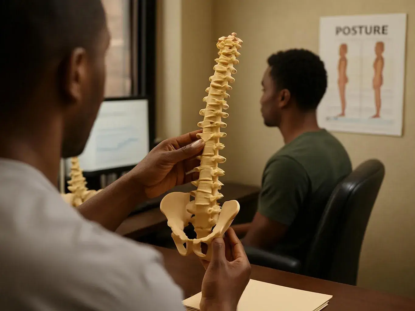 A clinician holds a spine model while speaking to a seated man in an exam room with a posture poster