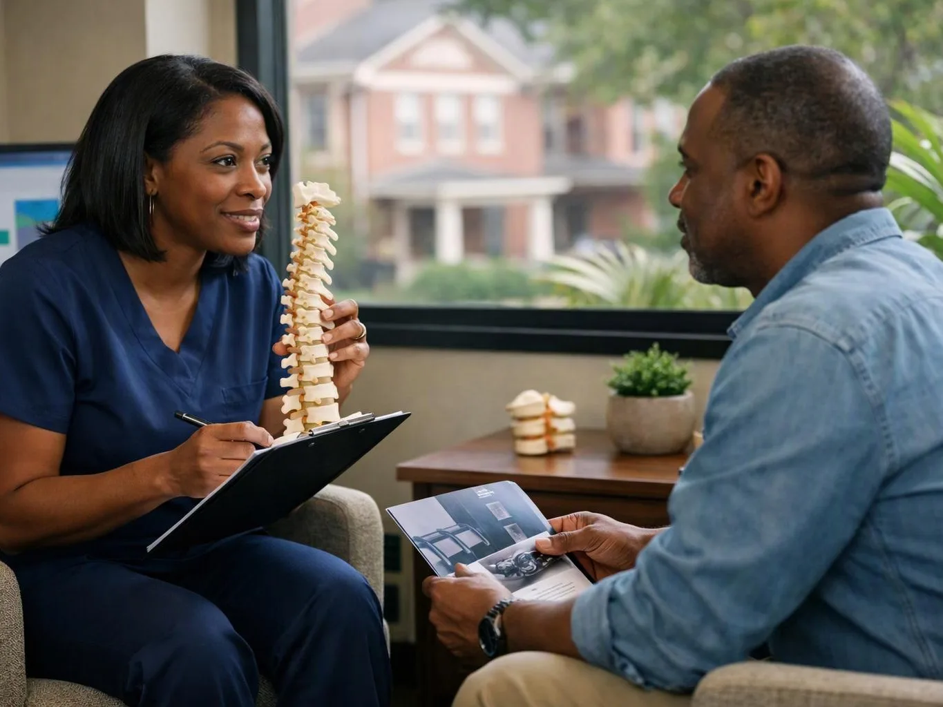 A clinician shows a spine model to a seated man during a conversation in a bright office