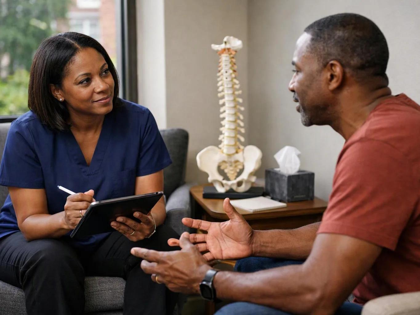 A clinician takes notes while speaking with a seated man in a 상담 room with a spine model and tissue box