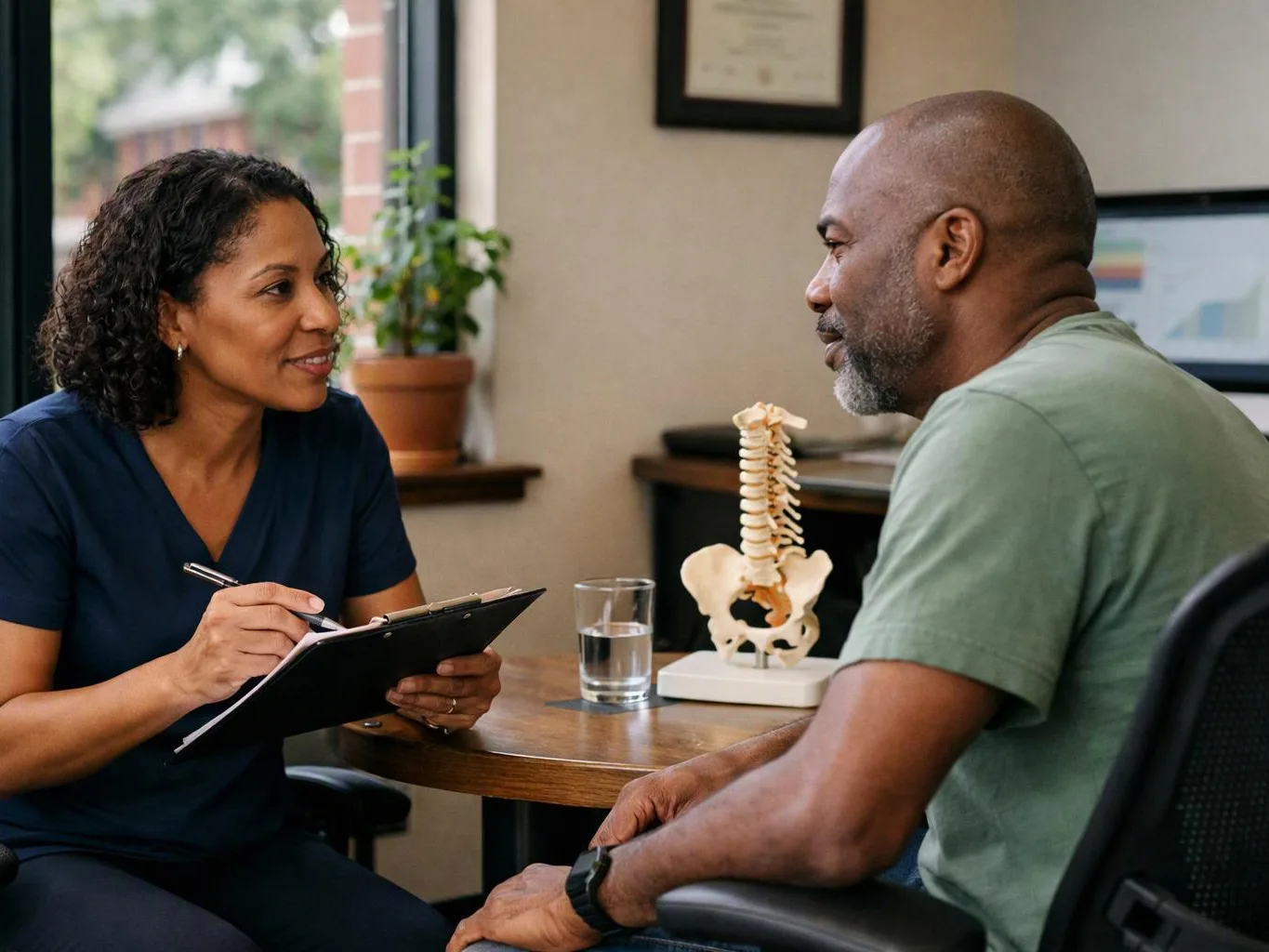 A clinician talks with a seated man across a desk, with a spine model and water glass beside them
