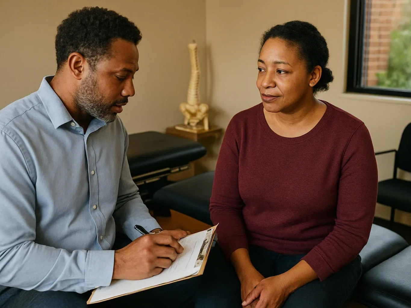 A clinician writes notes while talking with a seated woman in an examination room