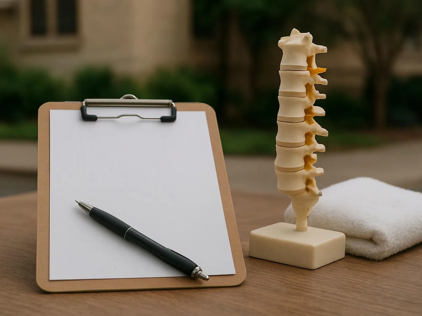 A clipboard with blank paper and a pen sits beside a spine model and folded towel on a table