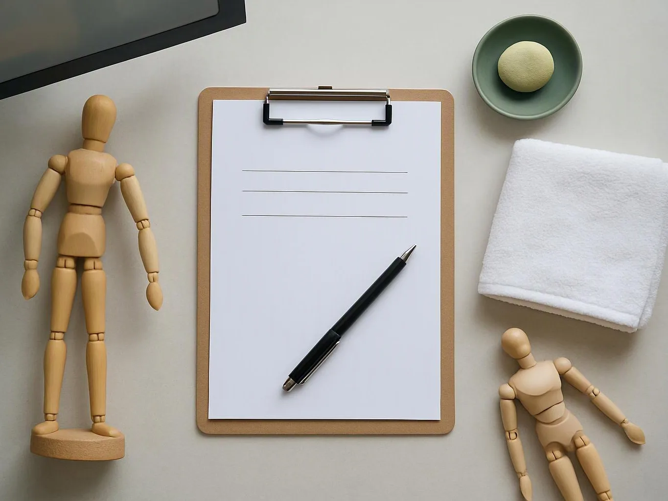 Clipboard with blank paper and pen, surrounded by two wooden mannequins, a folded towel, and a small dish with a round stone