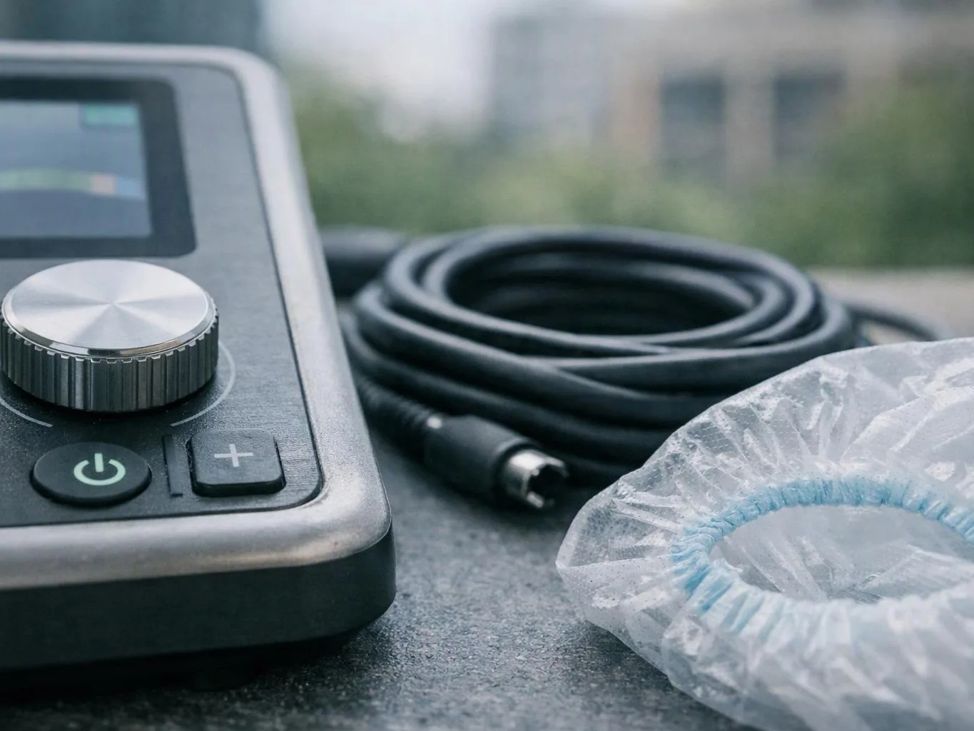Close-up of a control panel with a dial, power and plus buttons, a coiled cable, and a wrapped accessory on a table