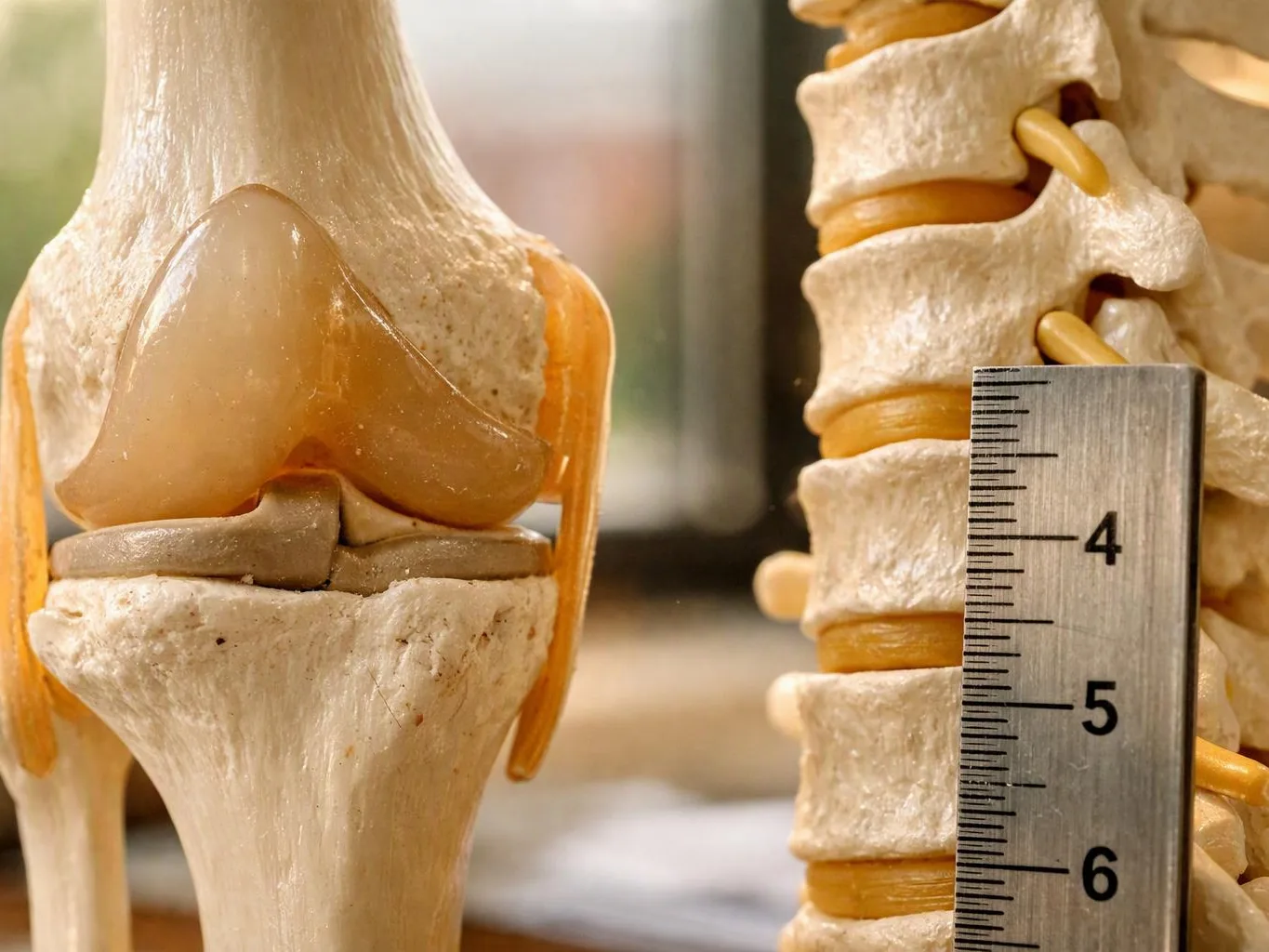 Close-up of a knee joint model beside a spine model, with a ruler showing measurements