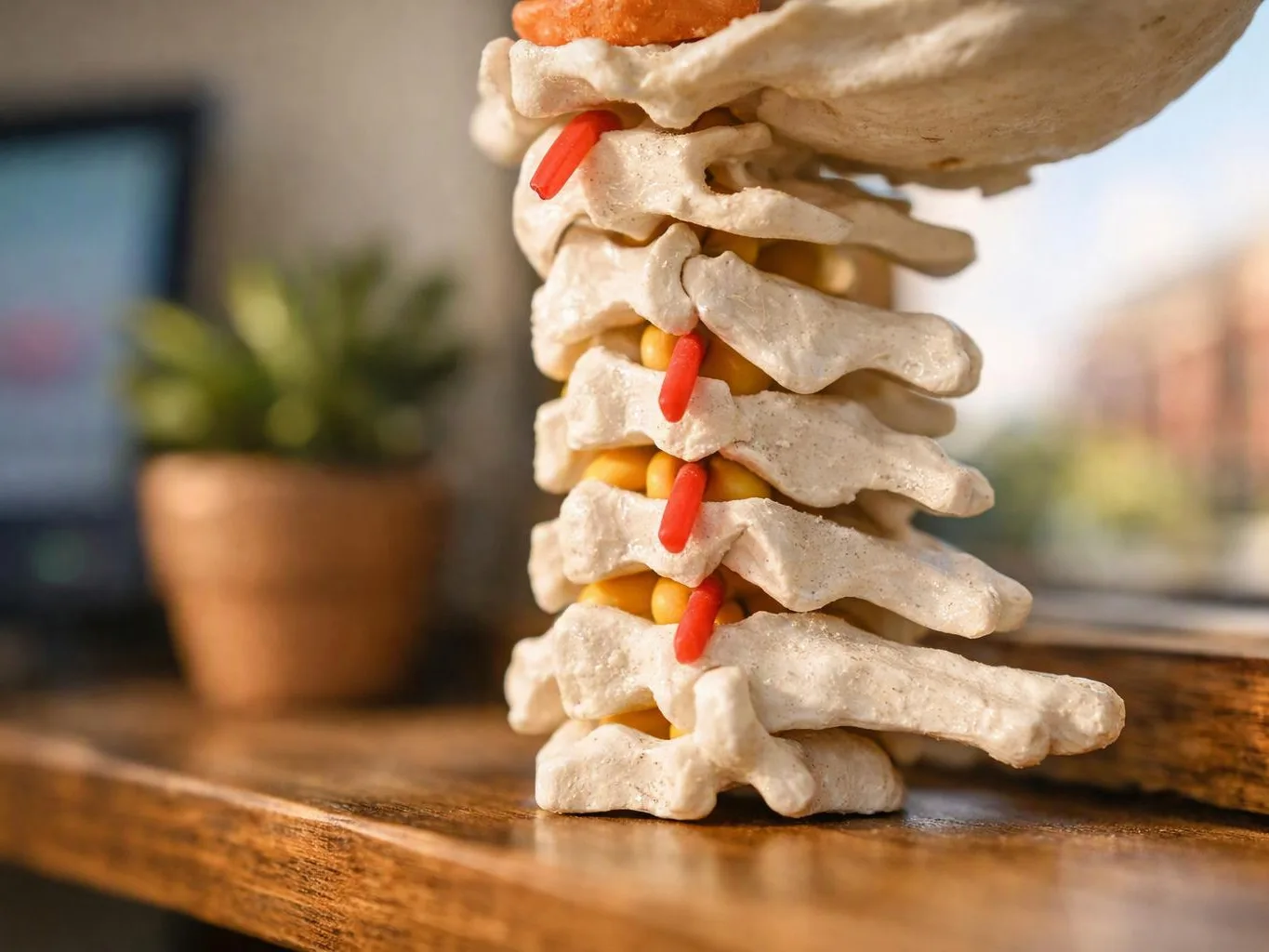 A close-up shows a human spine model standing on a wooden table with a blurred plant behind it