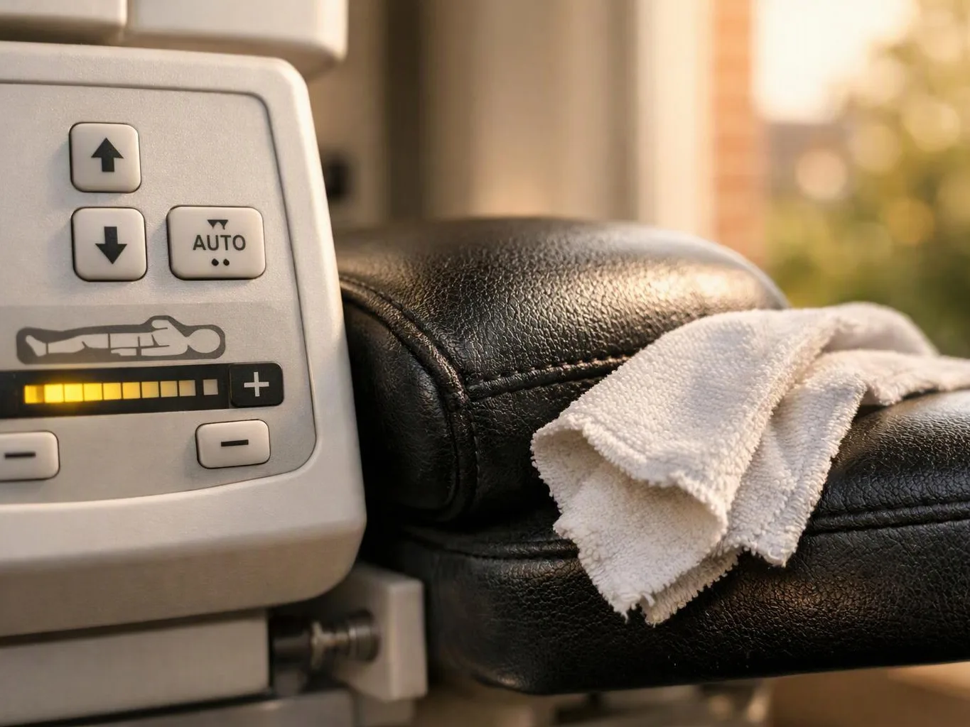 A close-up shows a massage chair control panel beside a black leather armrest with a white towel draped over it