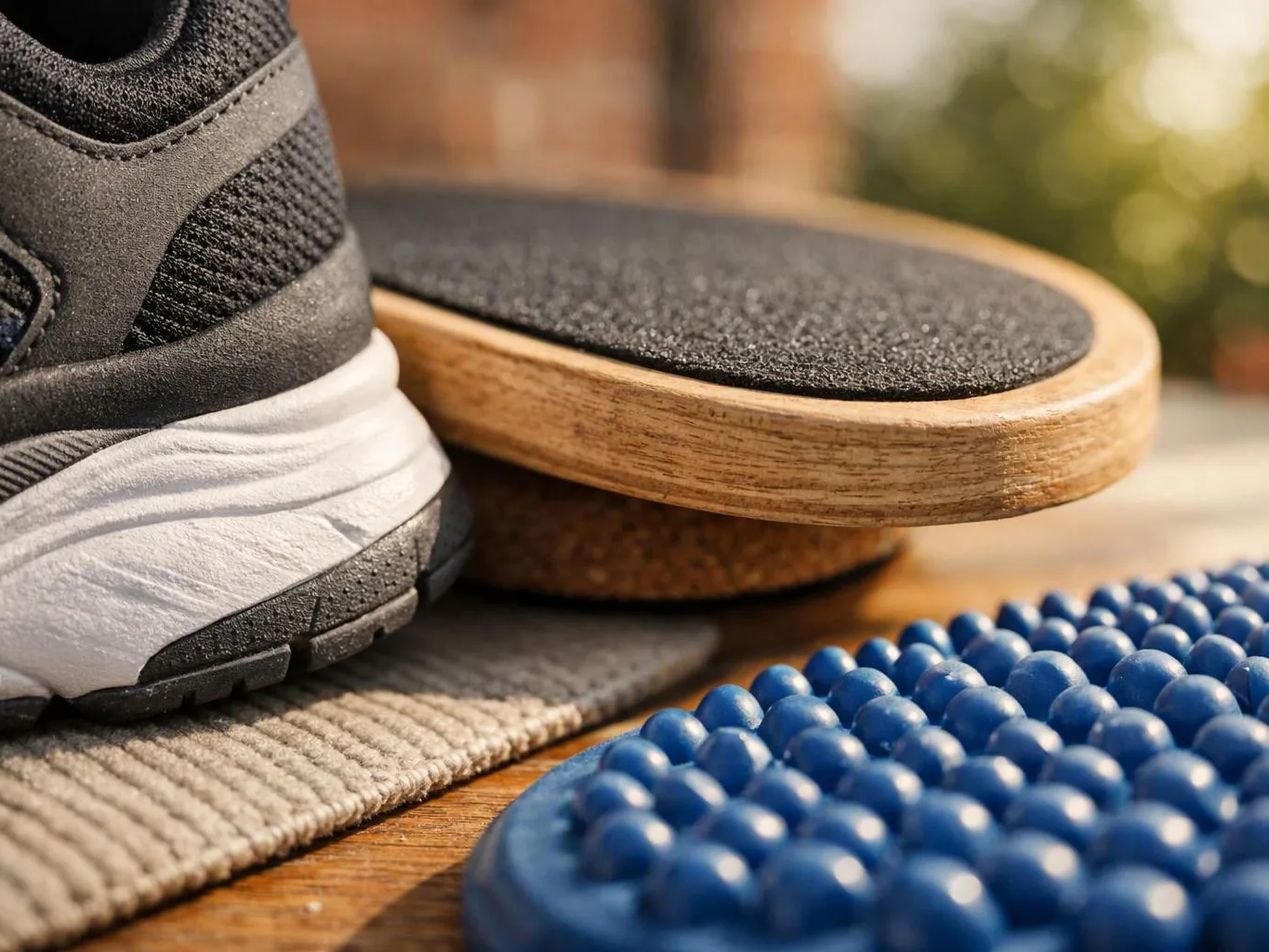 A close-up shows a sneaker beside wooden balance boards and a blue foot massage pad on a floor
