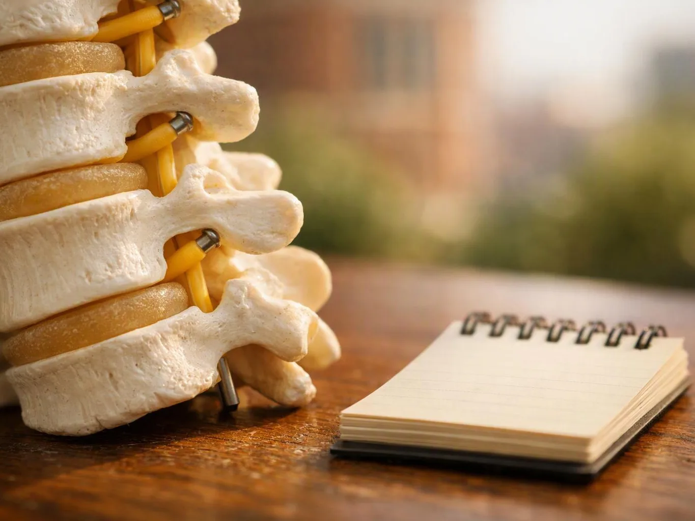 A close-up shows a spinal model beside a small spiral notebook on a wooden table