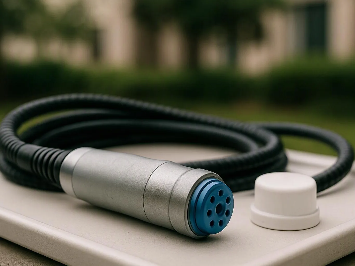 A coiled black cable with a silver blue connector lies on a beige tabletop beside a small white cap