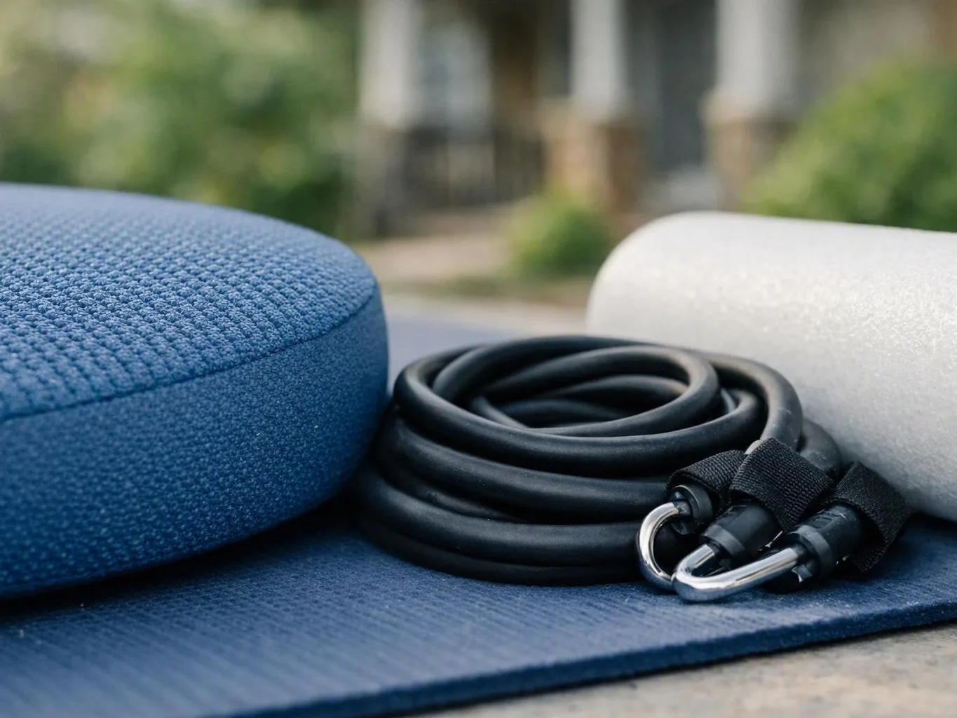 Coiled black exercise bands rest between two round cushions on a blue mat outdoors