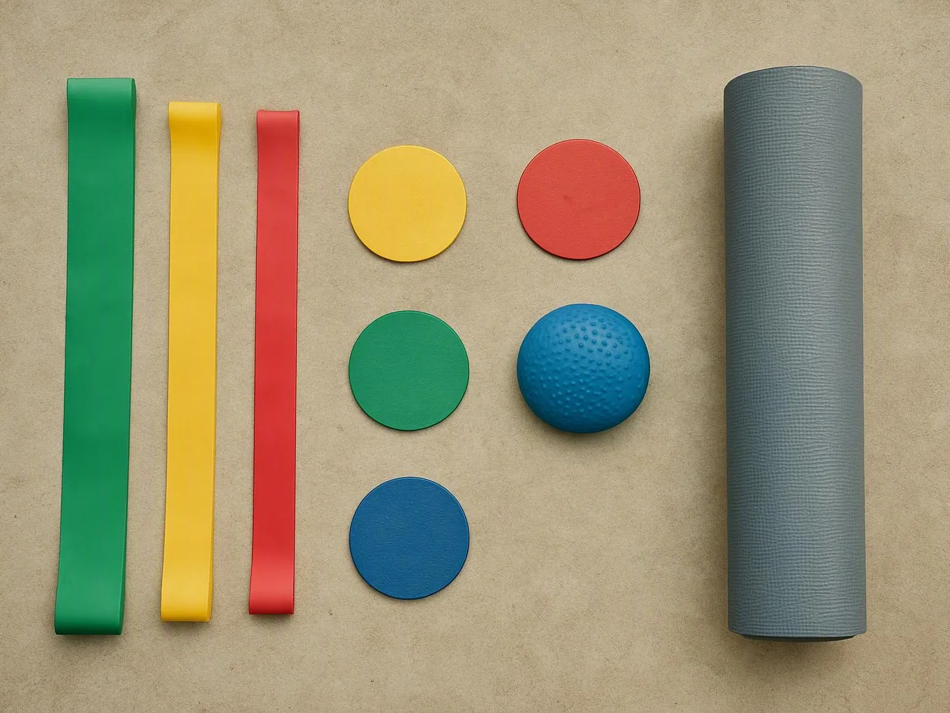 Colored foam strips, circles, and a blue textured ball arranged on a beige surface with a gray foam roller on the right