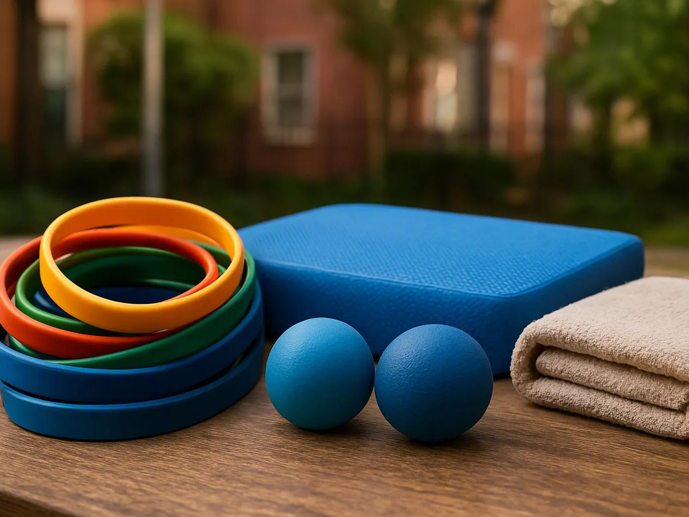 Colorful exercise props sit on a wooden table, with rings, foam blocks, balls, and a folded towel outdoors