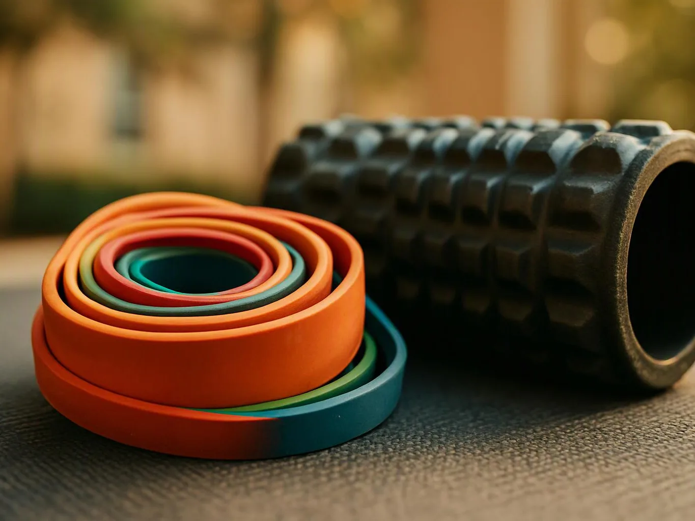 Colorful rolled exercise bands sit beside a black textured foam roller on a mat outdoors