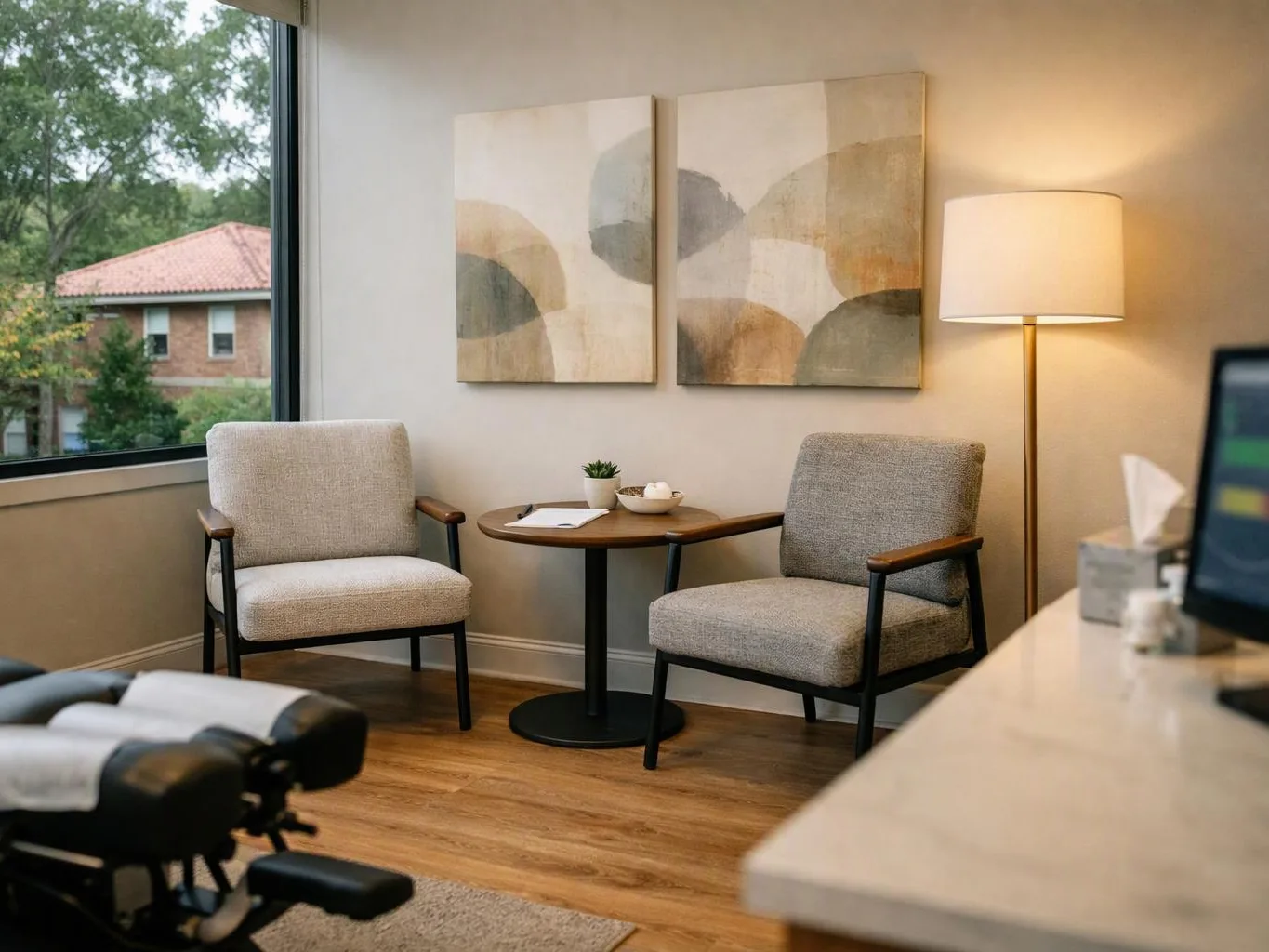 A cozy waiting room has two armchairs, a small round table, wall art, and a lit floor lamp by a window