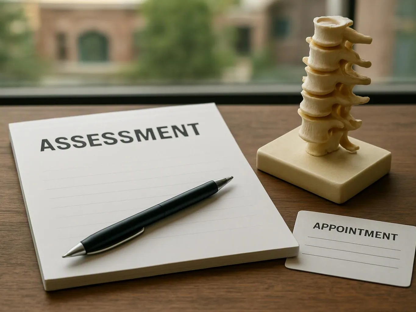 A desk holds an assessment pad, a pen, a spine model, and an appointment card near a window